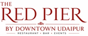 The Red Pier by Downtown Udaipur official logo featuring a lakeside pavilion icon with elegant typography for the restaurant, bar, and events venue.